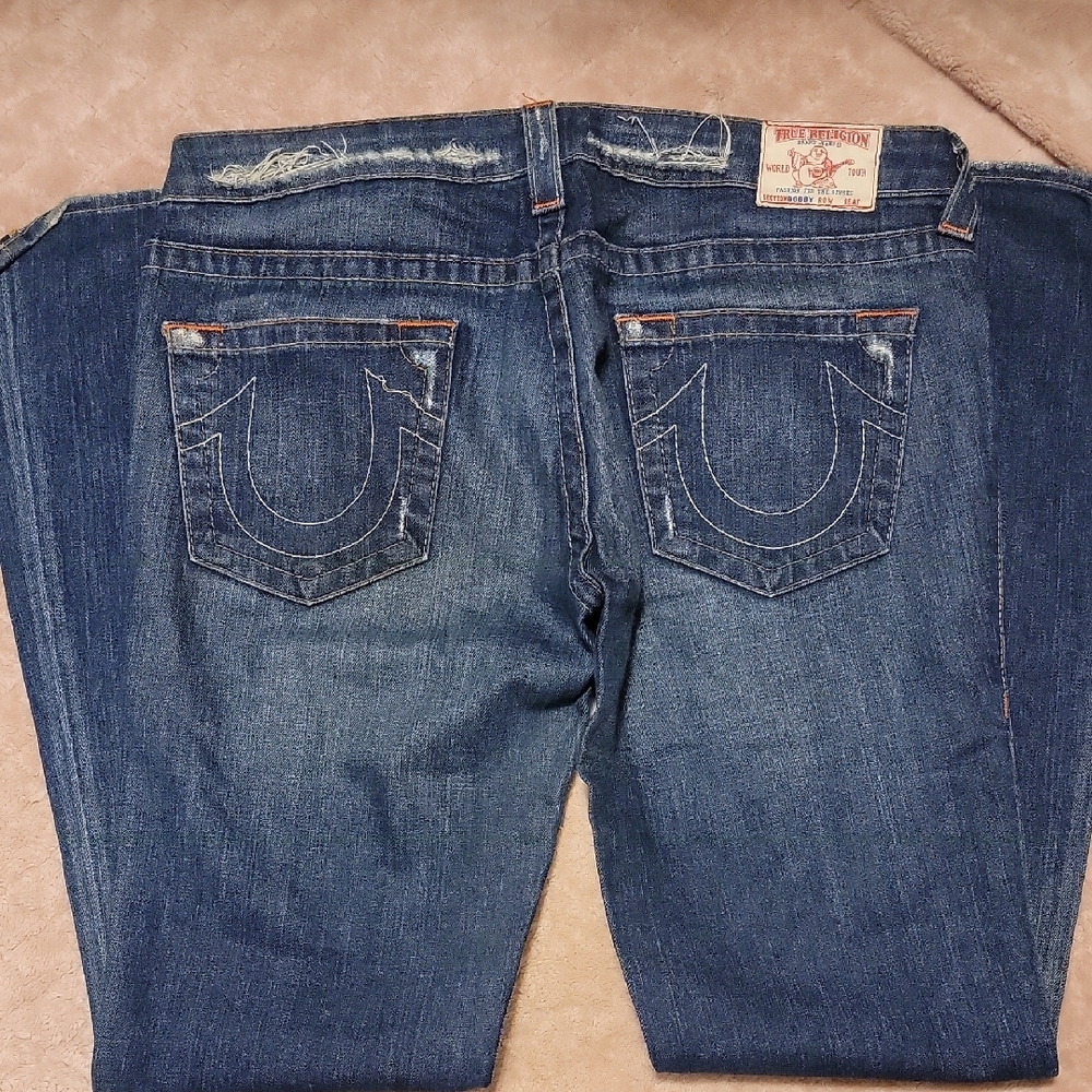 True Religion Blue Boot Cut Jeans with Signature Stitching